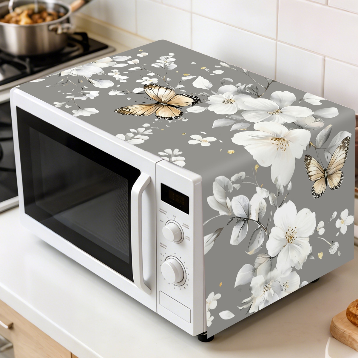Kitchen Appliances In White - 1 Stück Weiße Blumen-Mikrowellen-Staubschutzhülle 35x85cm Schmetterlings-Design